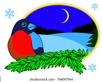 Illustration of the bird on pine branch. Postcard for Christmas or New Year