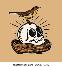 illustration of a bird on a skull in a bird's nest