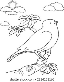 Illustration. A bird on a tree branch near its sky cloud. Coloring book. Antistressor for adults and children. The work was done manually. Black and white.