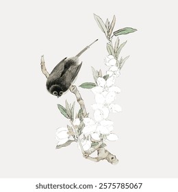 Illustration of a bird perched on a branch with white flowers. The bird is detailed, with a focus on feathers. Delicate flowers complement the bird's elegance. Vintage animal illustration, vector.