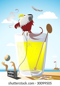 Illustration of bird perched on a glass.