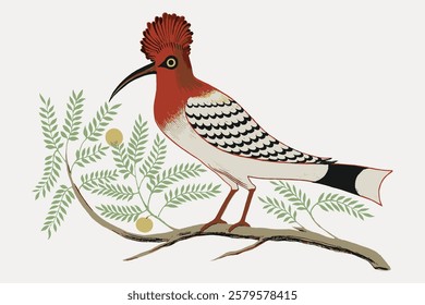 Illustration of a bird with a red crest perched on a branch. The bird has intricate feather patterns. Branch with leaves and small fruits. Stylized and colorful. Vintage bird illustration vector.