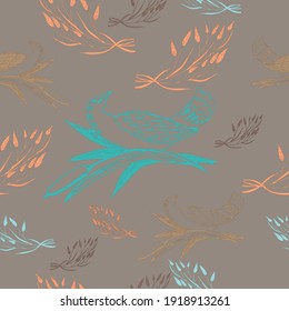 Ilustración de un pájaro en las cañas. Patrón sin foco. Diseño para papel pintado, embalaje, textiles, fondo, cubierta.