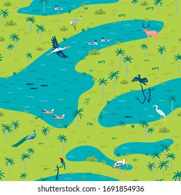 Illustration of Bird Sanctuary landscape with lot of wetland birds. Seamless pattern can be printed and used as wrapping paper, wallpaper, textile, fabric, etc.