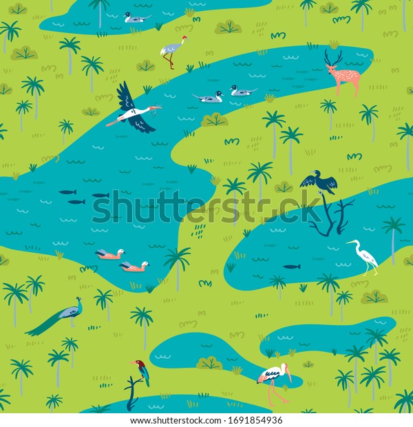 Illustration of Bird Sanctuary\
landscape with lot of wetland birds. Seamless pattern can be\
printed and used as wrapping paper, wallpaper, textile, fabric,\
etc.