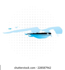 Illustration of a bird silhouette with city panorama.