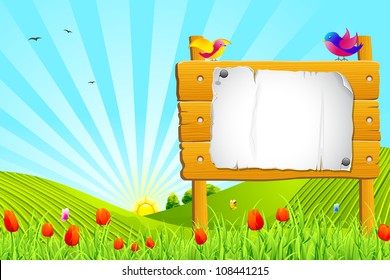 illustration of bird sitting on notice board in garden
