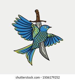 illustration of bird stabbed with a sword / flying bird t-shirt design