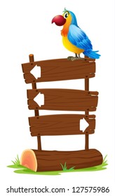 Illustration of a bird standing on a wooden signboard on a white background
