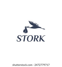 Illustration of a bird stork logo carrying a baby's parcel in its beak. Suitable for your design need, logo, illustration, animation, etc.