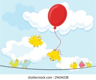 illustration of a bird tied to a red balloon