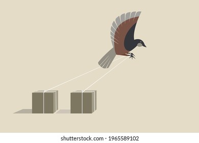 Illustration of a bird tied to solid blocks trying to fly away. Concept of freedom