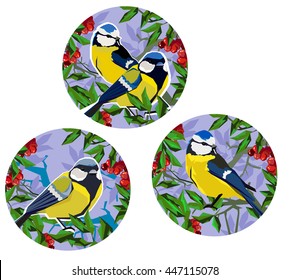 illustration bird tit vector, Titmouse and rowan berries vector