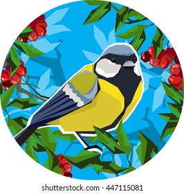 illustration bird tit vector, Titmouse and rowan berries vector