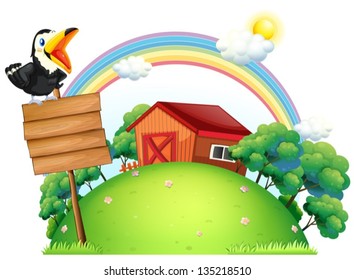 Illustration of a bird at the top of a wooden signage in front of a house on a white background