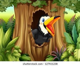 Illustration of a bird in a tree hollow