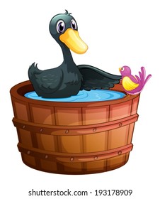 Illustration of a bird watching the duck above the pail on a white background