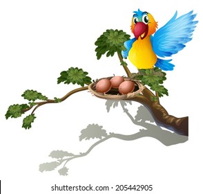 Illustration of a bird watching the nest on a white background