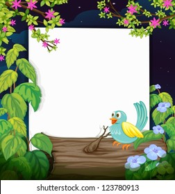 Illustration eines Vogels und eines weißen Brettes in einer schönen dunklen Nacht