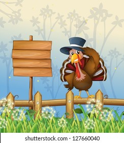 Illustration of a bird and a wooden notice board