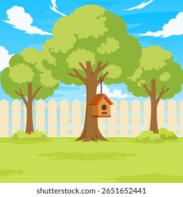 Illustration of Birdhouse Hanging from Tree