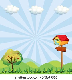 Illustration of a birdhouse at the hilltop with an arrowboard