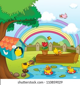 illustration of birds in beautiful garden and rainbow