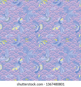 Illustration of birds, blue jay, falcon, waves and clouds. Seamless repeat pattern in yellow, purple and lilac.