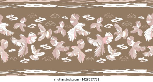 Illustration of birds, blue jay, falcon, horizontal stripes and clouds. Seamless repeat pattern in cream, pink, tan and grey.
