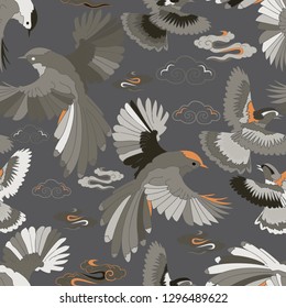 Illustration of birds, blue jay, falcons in flight. Seamless repeat pattern