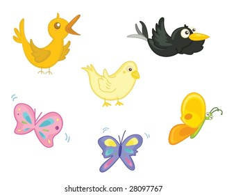 an illustration of birds and butterflys doing different things