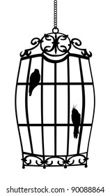 illustration with birds in cage isolated on white background