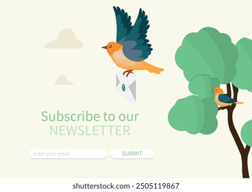 Illustration of Birds Delivering Sustainability Newsletter with Nature Background. Environmental newsletter. Sustainability newsletter. Vector illustration