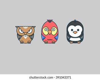 Illustration of birds in flat style: owl, parrot, penguin