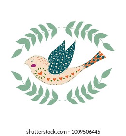 Illustration with birds and flowers in a Scandinavian style. Folk art.