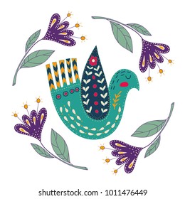Illustration With Birds And Flowers In A Scandinavian Style. Folk Art.