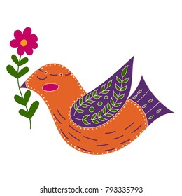 Illustration with birds and flowers in a Scandinavian style. Folk art