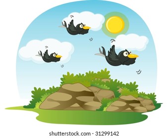 ilustración de aves que vuelan en las nubes