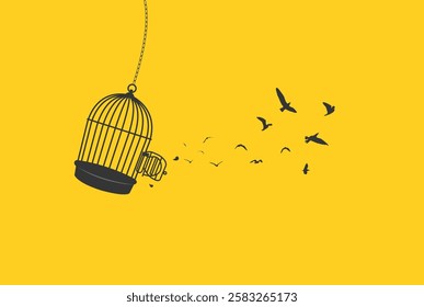 illustration of birds flying out of open birdcage, surreal freedom motivational concept.