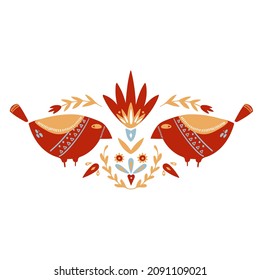 Illustration of birds in folk style with ornaments and flowers. Stylization of folk art.