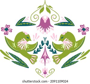 Illustration of birds in folk style with ornaments and flowers. Stylization of folk art.