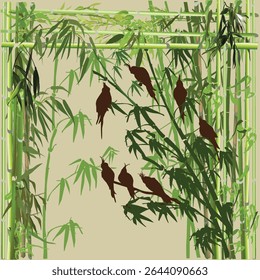 illustration with birds in green bamboo plants