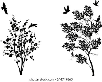 illustration with birds near small trees isolated on white background