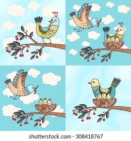 Illustration of birds in the nest with chicks on the tree