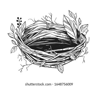 Illustration of a bird's nest. Hand drawn sketch converted to vector. Black on transparent