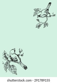 Illustration of birds on a blue background the outline drawing, greeting card