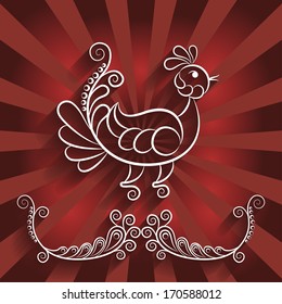 illustration birds on a branch in the style of Russian Folk Art
