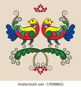 illustration birds on a branch in the style of Russian Folk Art