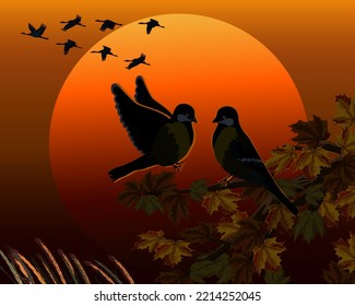 Ilustración con aves en un árbol.Ilustración vectorial con aves en una rama arbórea en un fondo de puesta de sol.