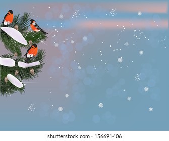 illustration with birds on winter tree